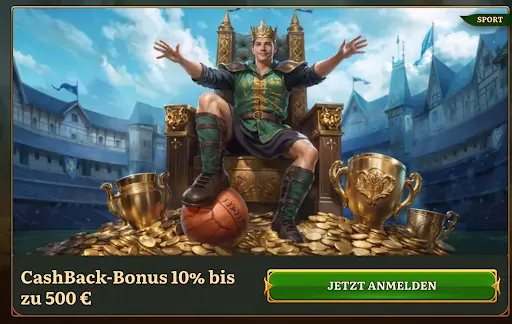 Cashback-Bonus bei WildRobin Casino bis 500€ Spieler sitzt als König auf Thron mit Pokalen und Münzen, WildRobin Casino Cashback-Aktion