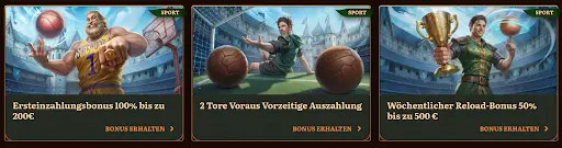 Sportboni bei WildRobin Casino – Ersteinzahlungsbonus, vorzeitige Auszahlung, Reload-Angebot Drei Sport-Bonusaktionen bei WildRobin Casino mit Illustrationen von Basketballspieler, Fußballer und Pokalgewinner im Stadion