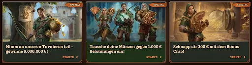 WildRobin Casino – Spezialaktionen: Turniere, Belohnungen und Bonus Crab Drei Spezialaktionen bei WildRobin Casino: Turniere mit Preisgeldern, Münzbelohnungen und Bonus Crab mit Schatztruhen