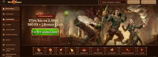 WildRobin Casino Startseite – Anmeldung, Menü und Willkommensangebot WildRobin Casino Startseite mit Menü, Anmeldung und Willkommenspaket-Highlight
