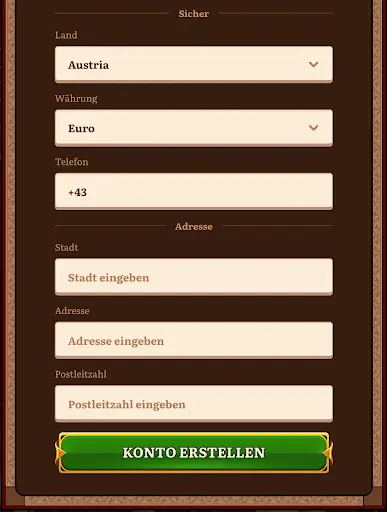 Registrierung WildRobin Casino – Land Währung Telefonnummer Adresse Postleitz WildRobin Casino Registrierungsformular mit Feldern für Land, Währung, Telefon, Stadt, Adresse und Postleitzahl sowie Button „Konto erstellen“