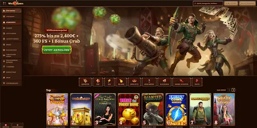 Startseite WildRobin Casino mit Willkommenspaket, Navigation und Spielauswahl