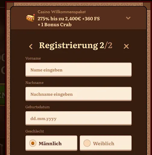 Registrierung WildRobin Casino – Schritt 2 Vorname Nachname Geburtsdatum Geschlecht Registrierungsschritt 2 bei WildRobin Casino mit Feldern für Vorname, Nachname, Geburtsdatum und Geschlechtsauswahl