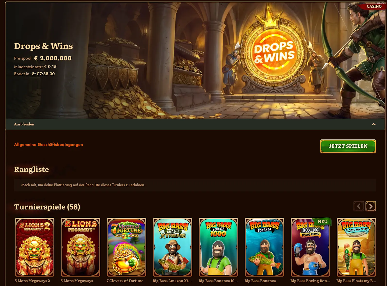 WildRobin Casino Drops & Wins Turnier mit Schatzkammer voller Gold und Bogenschütze vor großem goldenen Logo