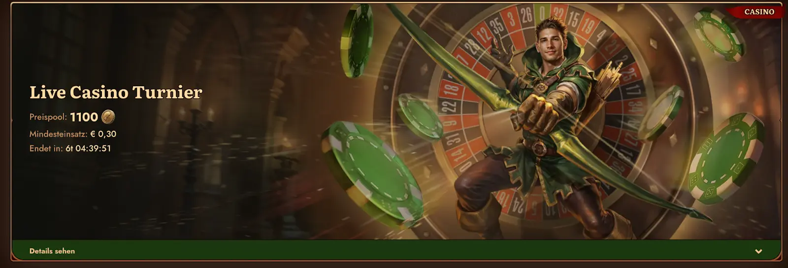 WildRobin Casino Live Casino Turnier, Spieler mit Bogen vor Roulette und Pokerchips