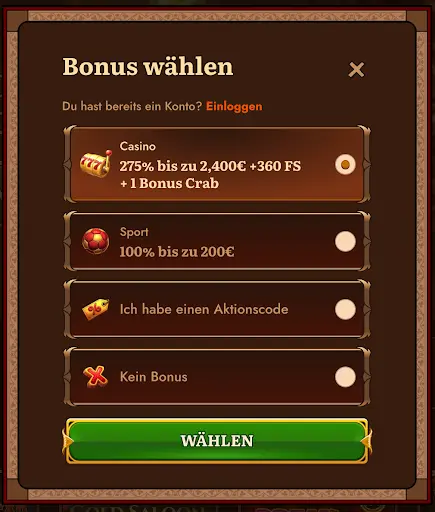 WildRobin Casino Bonus wählen – Auswahlmenü für Willkommensbonus Bonusauswahlmenü bei WildRobin Casino mit Optionen für Casinobonus, Sportbonus, Aktionscode oder kein Bonus