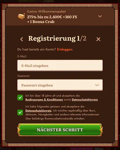 Registrierung WildRobin Casino – Schritt 1 mit Bonusangebot und Datenschutzakzeptanz Registrierungsschritt 1 bei WildRobin Casino mit Eingabefeldern für E-Mail und Passwort sowie Zustimmung zu AGB und Datenschutzhinweisen